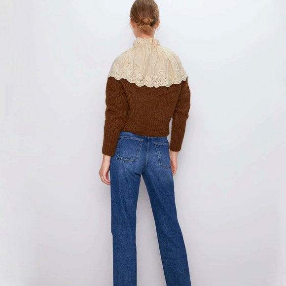 NEW!! Zara Contrasting Embroidery Cream Brown Sweater- Size S - Picture 9 of 16